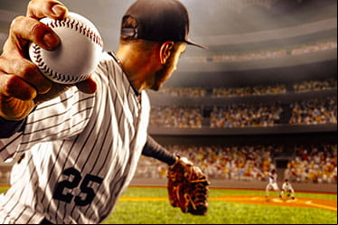 A baseball pitcher delivering a pitch.