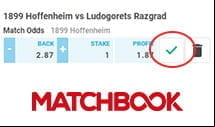 A football bet being confirmed next to the Matchbook logo