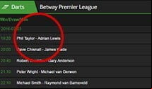 The Betway wager selection screen.