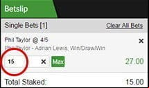 The Betway bet slip with amounts entered.