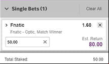 A Betway betting slip for an esport market showing stake and bet order option